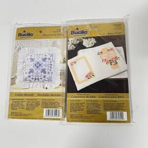 Lot Of 2 Plaid Bucilla Stamped Cross Stitch Kit Decorative Pillow Bible Cover